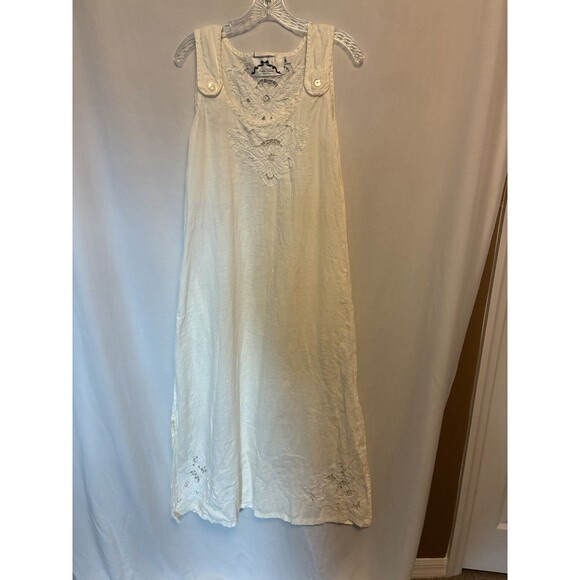 Handmade Dresses & Skirts - Vintage Handmade 100% Linen Maxi Dress Size M Embroidery Off White